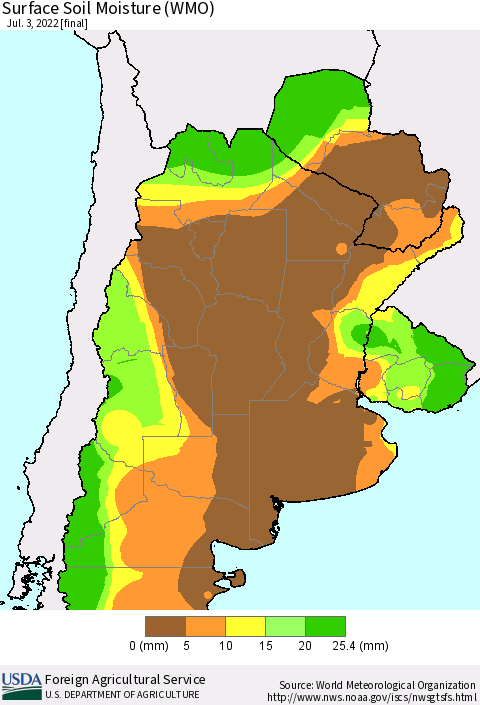 Southern South America Surface Soil Moisture (WMO) Thematic Map For 6/27/2022 - 7/3/2022