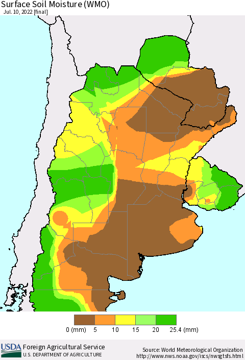 Southern South America Surface Soil Moisture (WMO) Thematic Map For 7/4/2022 - 7/10/2022