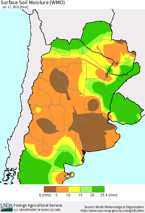 Southern South America Surface Soil Moisture (WMO) Thematic Map For 7/11/2022 - 7/17/2022