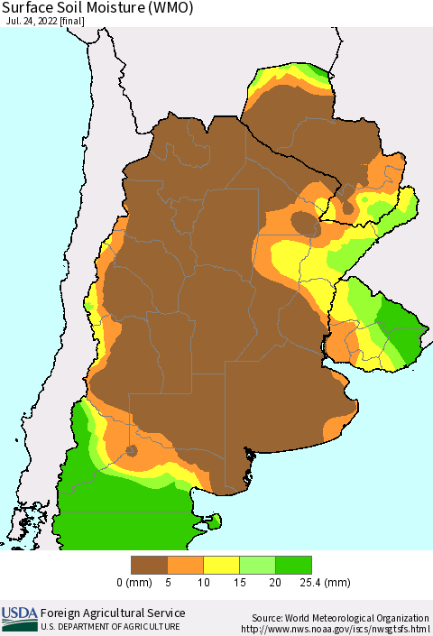 Southern South America Surface Soil Moisture (WMO) Thematic Map For 7/18/2022 - 7/24/2022