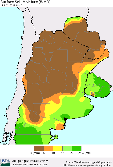 Southern South America Surface Soil Moisture (WMO) Thematic Map For 7/25/2022 - 7/31/2022