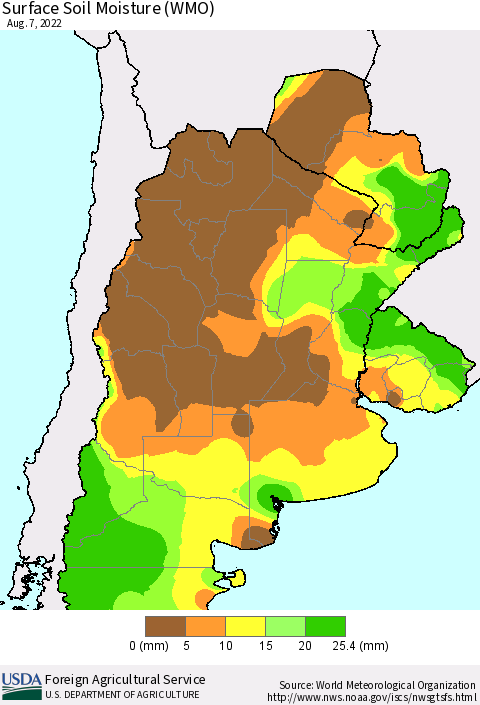 Southern South America Surface Soil Moisture (WMO) Thematic Map For 8/1/2022 - 8/7/2022