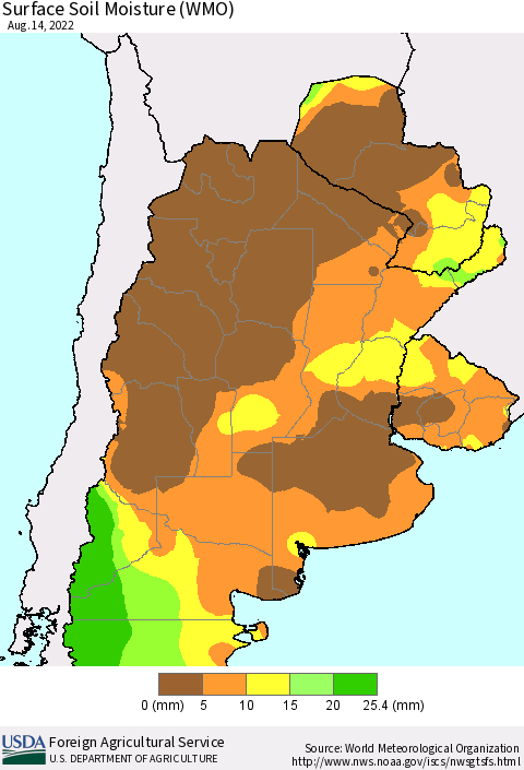 Southern South America Surface Soil Moisture (WMO) Thematic Map For 8/8/2022 - 8/14/2022