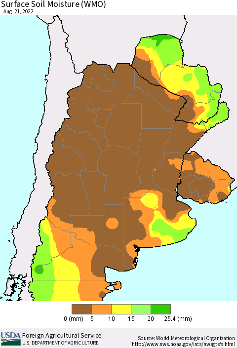 Southern South America Surface Soil Moisture (WMO) Thematic Map For 8/15/2022 - 8/21/2022