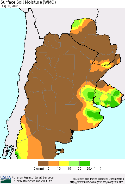 Southern South America Surface Soil Moisture (WMO) Thematic Map For 8/22/2022 - 8/28/2022