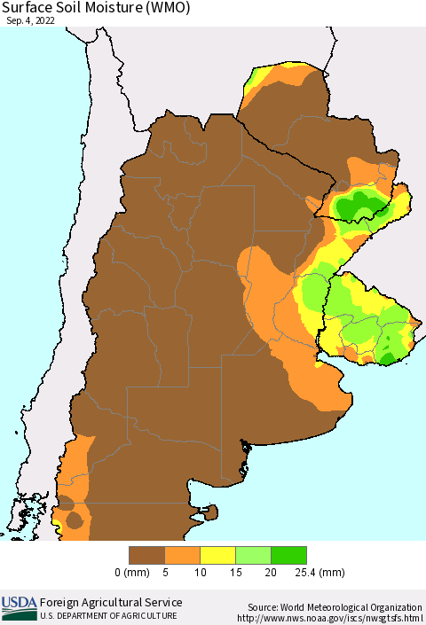Southern South America Surface Soil Moisture (WMO) Thematic Map For 8/29/2022 - 9/4/2022