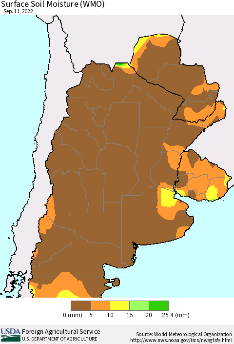 Southern South America Surface Soil Moisture (WMO) Thematic Map For 9/5/2022 - 9/11/2022