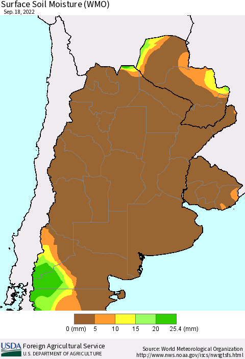 Southern South America Surface Soil Moisture (WMO) Thematic Map For 9/12/2022 - 9/18/2022