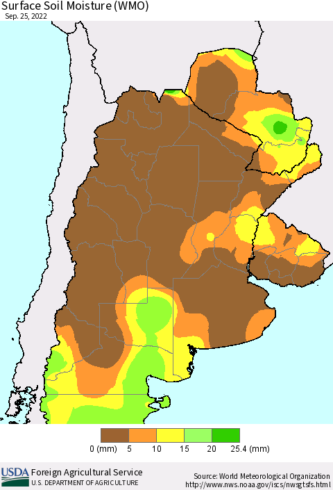 Southern South America Surface Soil Moisture (WMO) Thematic Map For 9/19/2022 - 9/25/2022