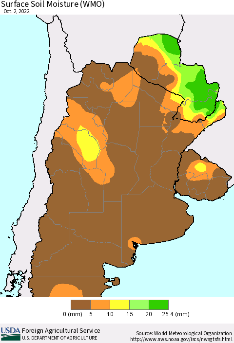Southern South America Surface Soil Moisture (WMO) Thematic Map For 9/26/2022 - 10/2/2022