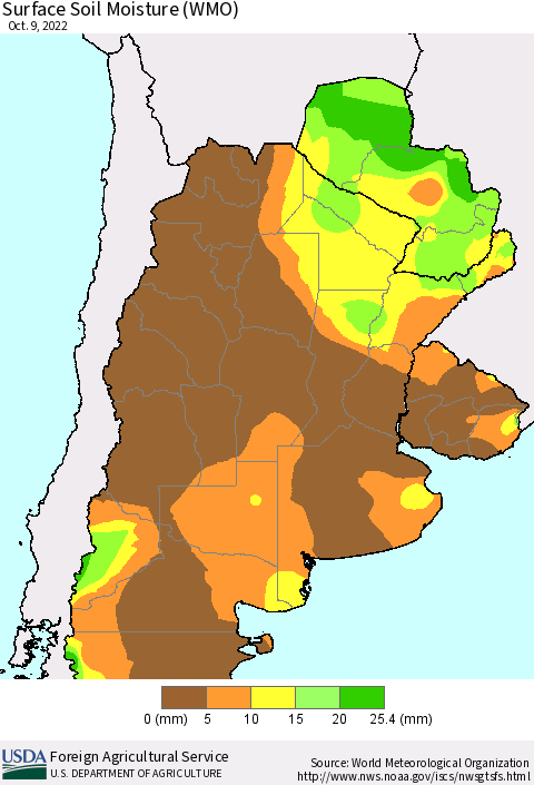 Southern South America Surface Soil Moisture (WMO) Thematic Map For 10/3/2022 - 10/9/2022