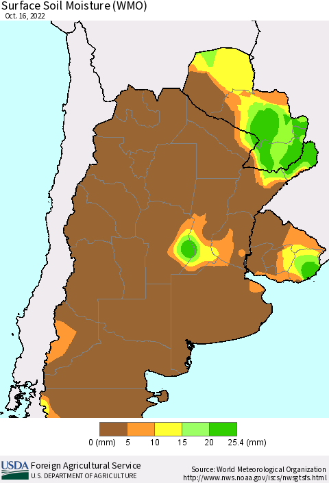Southern South America Surface Soil Moisture (WMO) Thematic Map For 10/10/2022 - 10/16/2022
