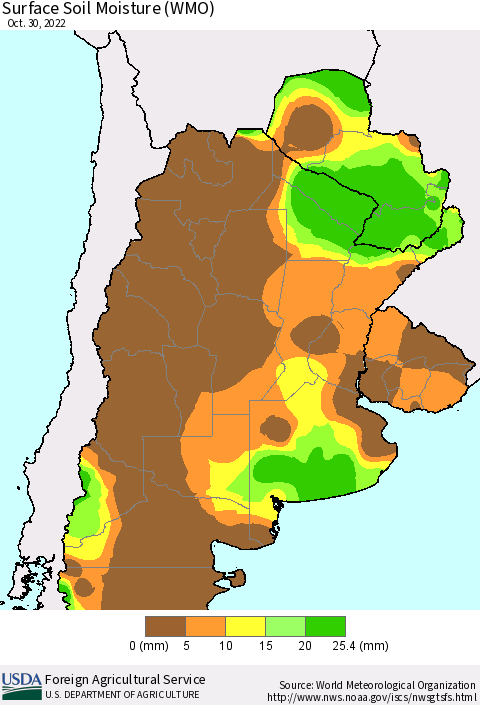 Southern South America Surface Soil Moisture (WMO) Thematic Map For 10/24/2022 - 10/30/2022