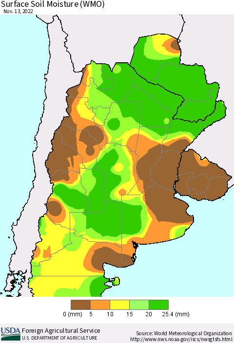 Southern South America Surface Soil Moisture (WMO) Thematic Map For 11/7/2022 - 11/13/2022