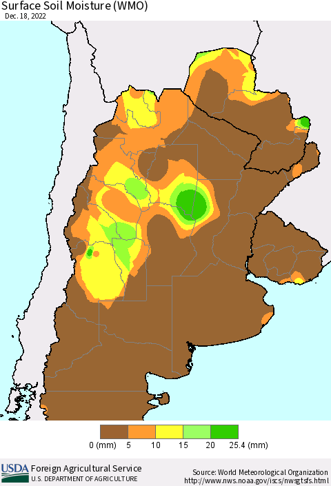 Southern South America Surface Soil Moisture (WMO) Thematic Map For 12/12/2022 - 12/18/2022