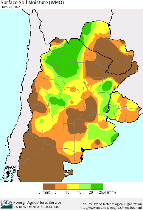 Southern South America Surface Soil Moisture (WMO) Thematic Map For 12/19/2022 - 12/25/2022