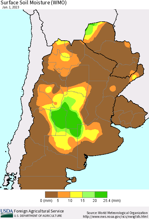Southern South America Surface Soil Moisture (WMO) Thematic Map For 12/26/2022 - 1/1/2023