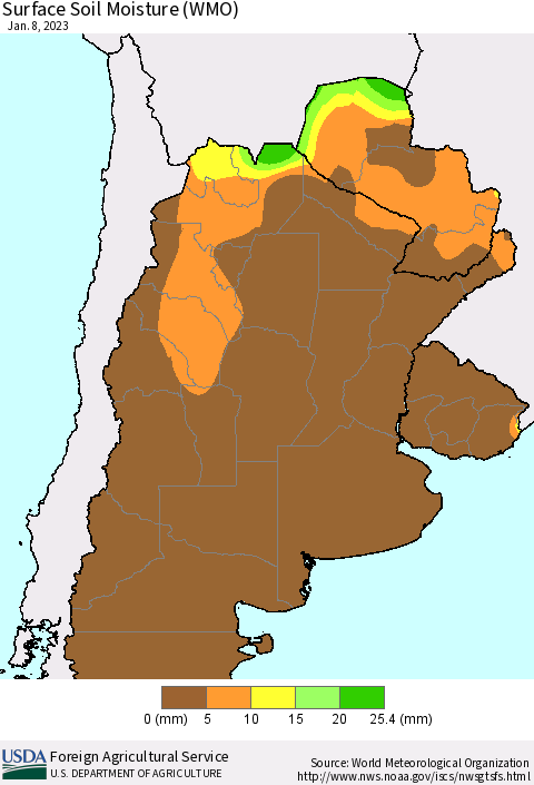Southern South America Surface Soil Moisture (WMO) Thematic Map For 1/2/2023 - 1/8/2023