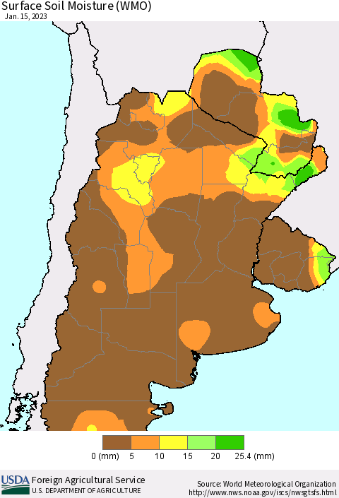 Southern South America Surface Soil Moisture (WMO) Thematic Map For 1/9/2023 - 1/15/2023