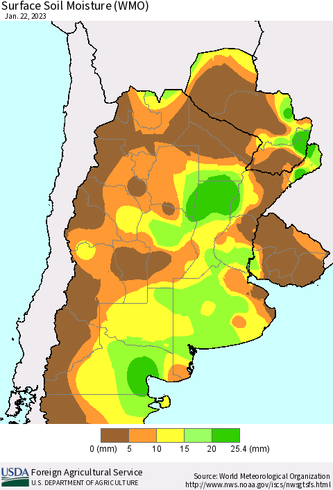 Southern South America Surface Soil Moisture (WMO) Thematic Map For 1/16/2023 - 1/22/2023