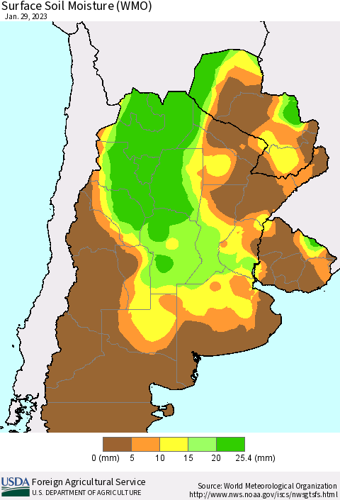 Southern South America Surface Soil Moisture (WMO) Thematic Map For 1/23/2023 - 1/29/2023