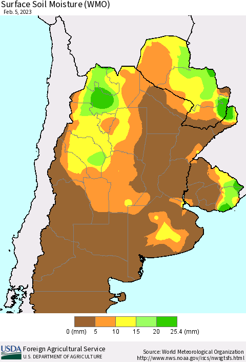 Southern South America Surface Soil Moisture (WMO) Thematic Map For 1/30/2023 - 2/5/2023