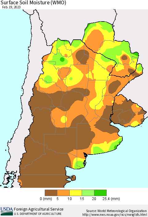Southern South America Surface Soil Moisture (WMO) Thematic Map For 2/13/2023 - 2/19/2023