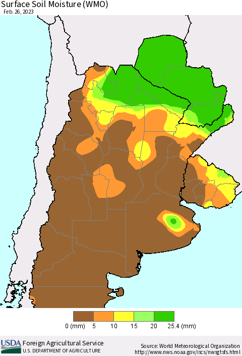 Southern South America Surface Soil Moisture (WMO) Thematic Map For 2/20/2023 - 2/26/2023
