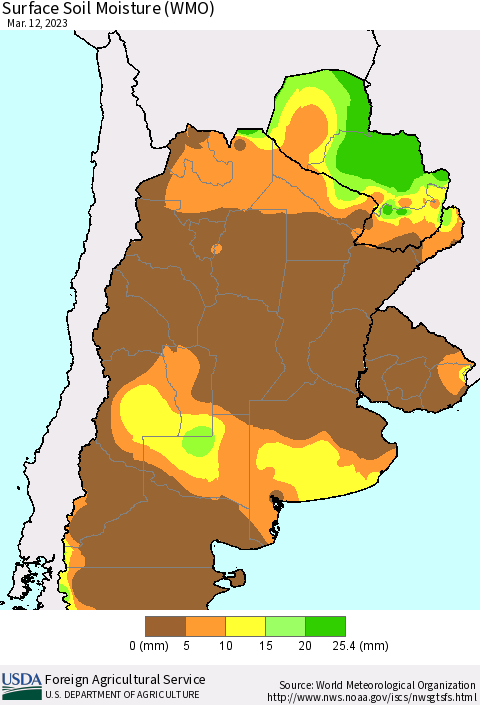 Southern South America Surface Soil Moisture (WMO) Thematic Map For 3/6/2023 - 3/12/2023