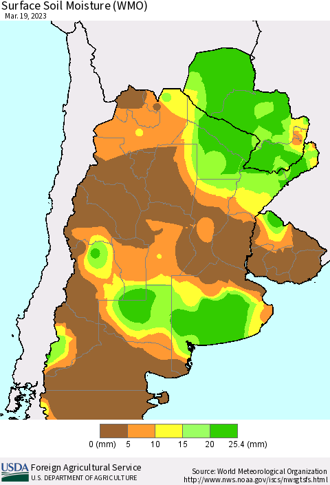Southern South America Surface Soil Moisture (WMO) Thematic Map For 3/13/2023 - 3/19/2023