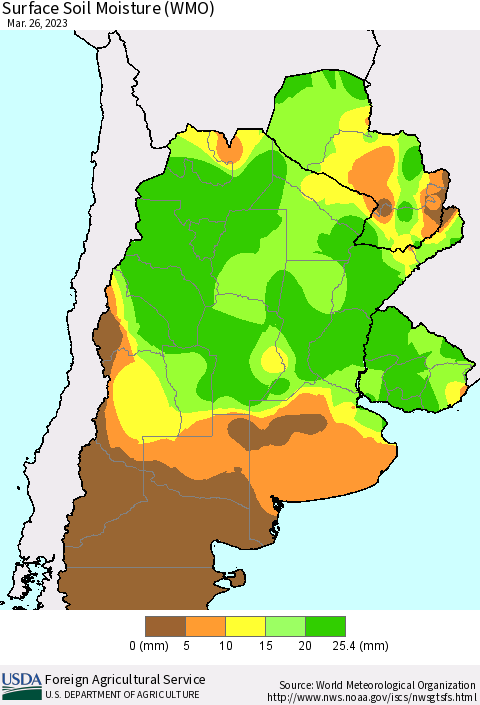 Southern South America Surface Soil Moisture (WMO) Thematic Map For 3/20/2023 - 3/26/2023