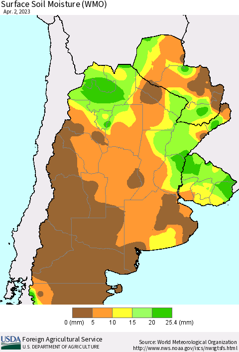 Southern South America Surface Soil Moisture (WMO) Thematic Map For 3/27/2023 - 4/2/2023