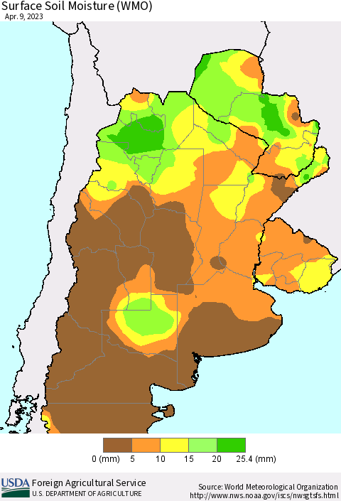 Southern South America Surface Soil Moisture (WMO) Thematic Map For 4/3/2023 - 4/9/2023