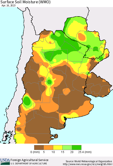 Southern South America Surface Soil Moisture (WMO) Thematic Map For 4/10/2023 - 4/16/2023