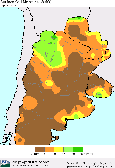 Southern South America Surface Soil Moisture (WMO) Thematic Map For 4/17/2023 - 4/23/2023