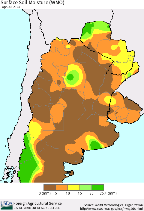 Southern South America Surface Soil Moisture (WMO) Thematic Map For 4/24/2023 - 4/30/2023