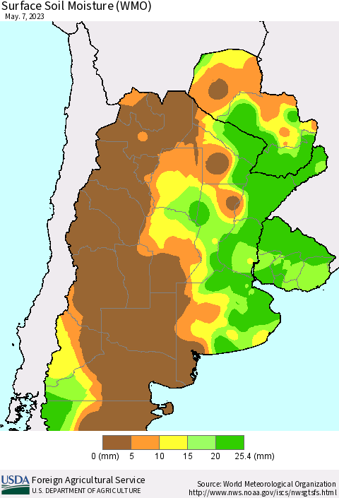 Southern South America Surface Soil Moisture (WMO) Thematic Map For 5/1/2023 - 5/7/2023