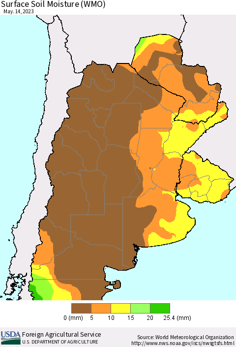 Southern South America Surface Soil Moisture (WMO) Thematic Map For 5/8/2023 - 5/14/2023