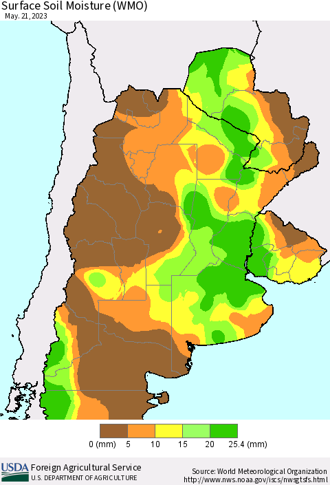 Southern South America Surface Soil Moisture (WMO) Thematic Map For 5/15/2023 - 5/21/2023