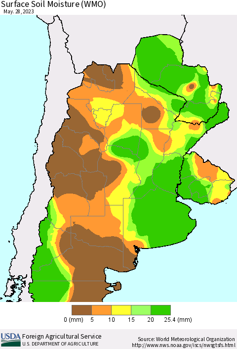 Southern South America Surface Soil Moisture (WMO) Thematic Map For 5/22/2023 - 5/28/2023