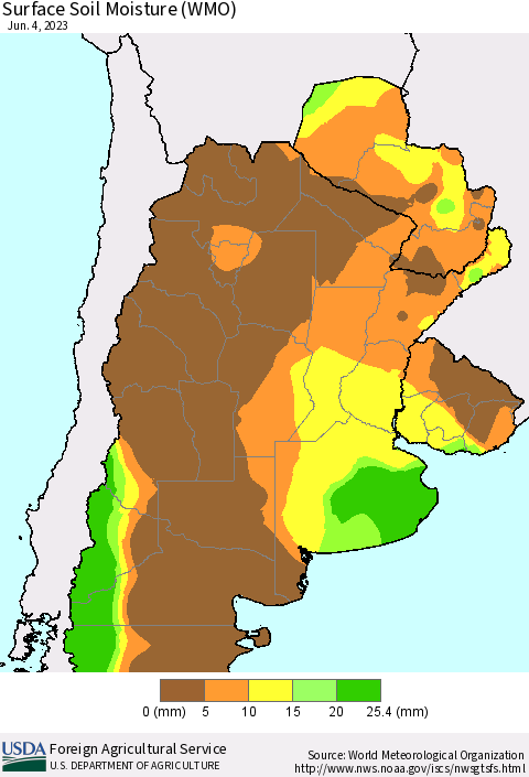 Southern South America Surface Soil Moisture (WMO) Thematic Map For 5/29/2023 - 6/4/2023