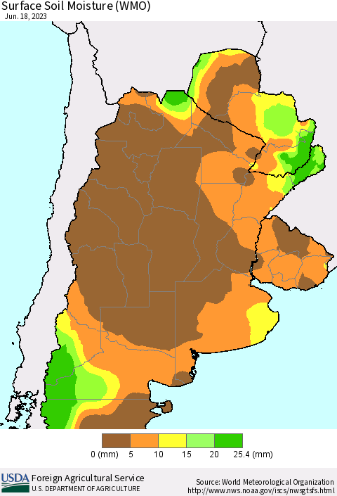Southern South America Surface Soil Moisture (WMO) Thematic Map For 6/12/2023 - 6/18/2023