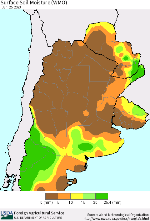 Southern South America Surface Soil Moisture (WMO) Thematic Map For 6/19/2023 - 6/25/2023