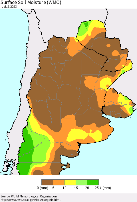 Southern South America Surface Soil Moisture (WMO) Thematic Map For 6/26/2023 - 7/2/2023