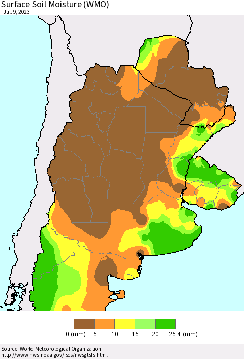 Southern South America Surface Soil Moisture (WMO) Thematic Map For 7/3/2023 - 7/9/2023