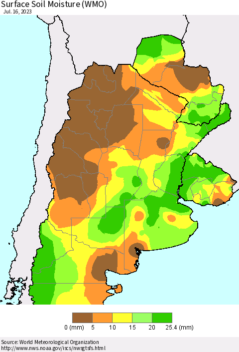 Southern South America Surface Soil Moisture (WMO) Thematic Map For 7/10/2023 - 7/16/2023