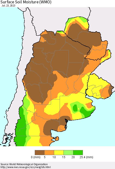 Southern South America Surface Soil Moisture (WMO) Thematic Map For 7/17/2023 - 7/23/2023
