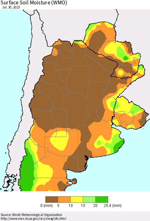Southern South America Surface Soil Moisture (WMO) Thematic Map For 7/24/2023 - 7/30/2023