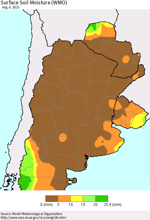 Southern South America Surface Soil Moisture (WMO) Thematic Map For 7/31/2023 - 8/6/2023