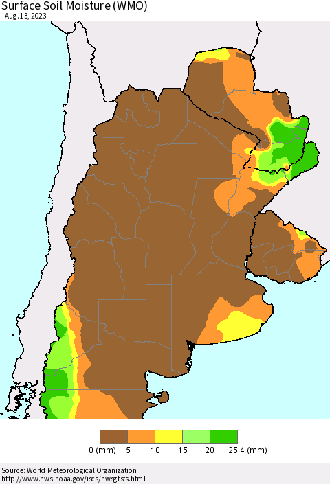 Southern South America Surface Soil Moisture (WMO) Thematic Map For 8/7/2023 - 8/13/2023